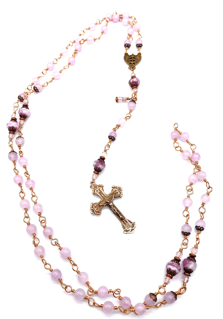 Bright Bronze Pale Lavender Jade Gemstone Wire Wrapped Catholic Heirloom Rosary Medium