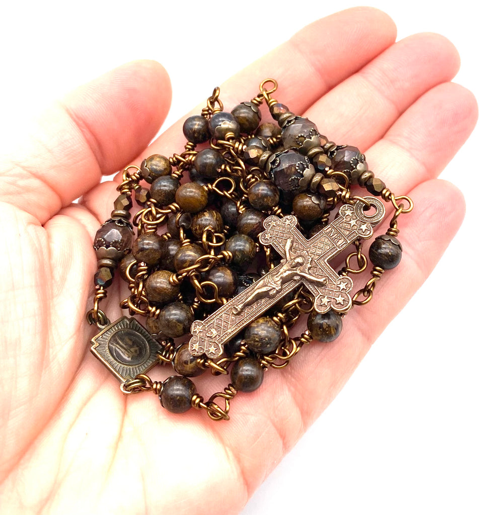 Bronzite Gemstone Wire Wrapped Catholic Heirloom Rosary Medium