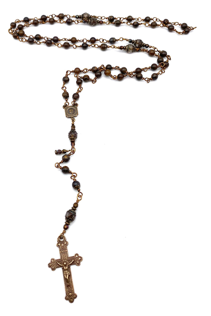 Bronzite Gemstone Wire Wrapped Catholic Heirloom Rosary Medium