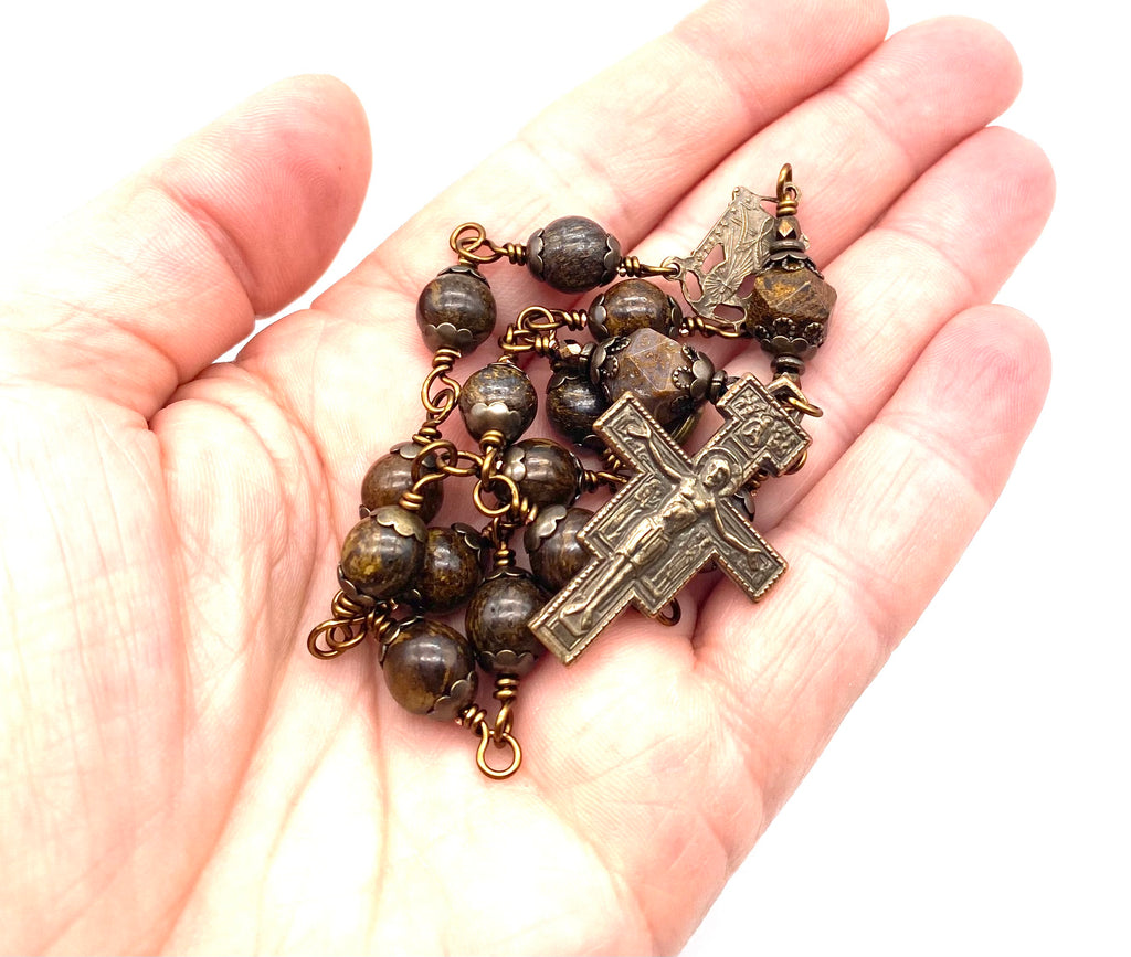Bronzite Gemstone Wire Wrapped Catholic Heirloom Travel Rosary