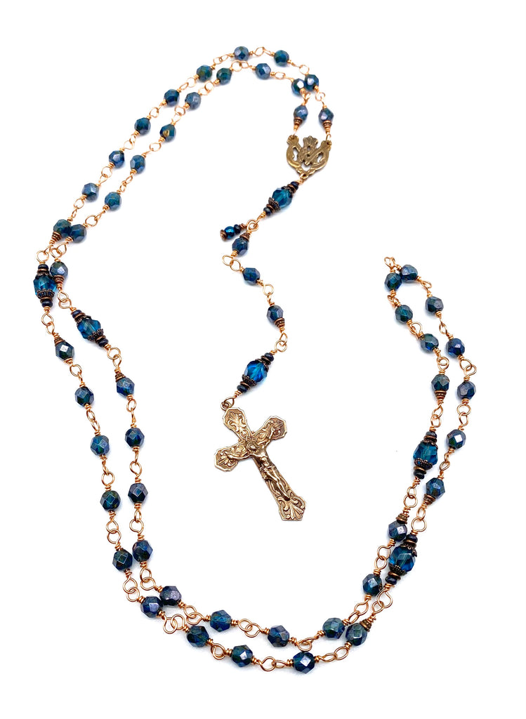 Bright Bronze Capri Blue Czech Glass Wire Wrapped Catholic Heirloom Rosary Medium