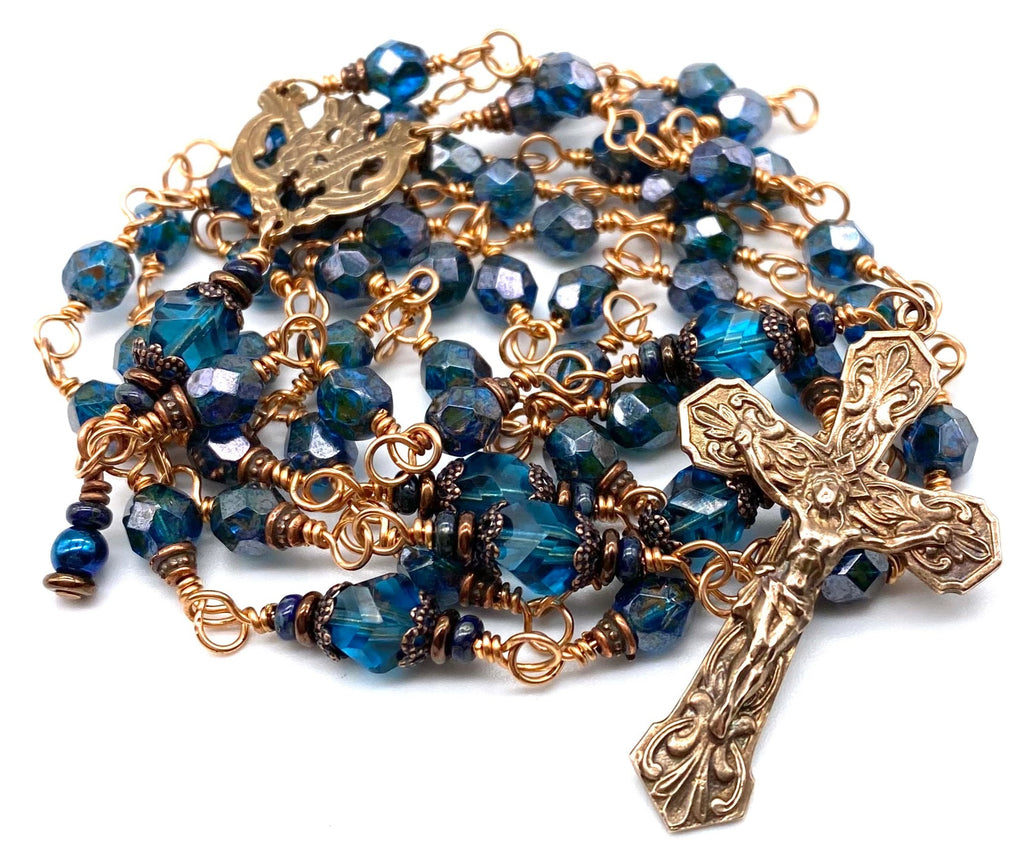 Bright Bronze Capri Blue Czech Glass Wire Wrapped Catholic Heirloom Rosary Medium