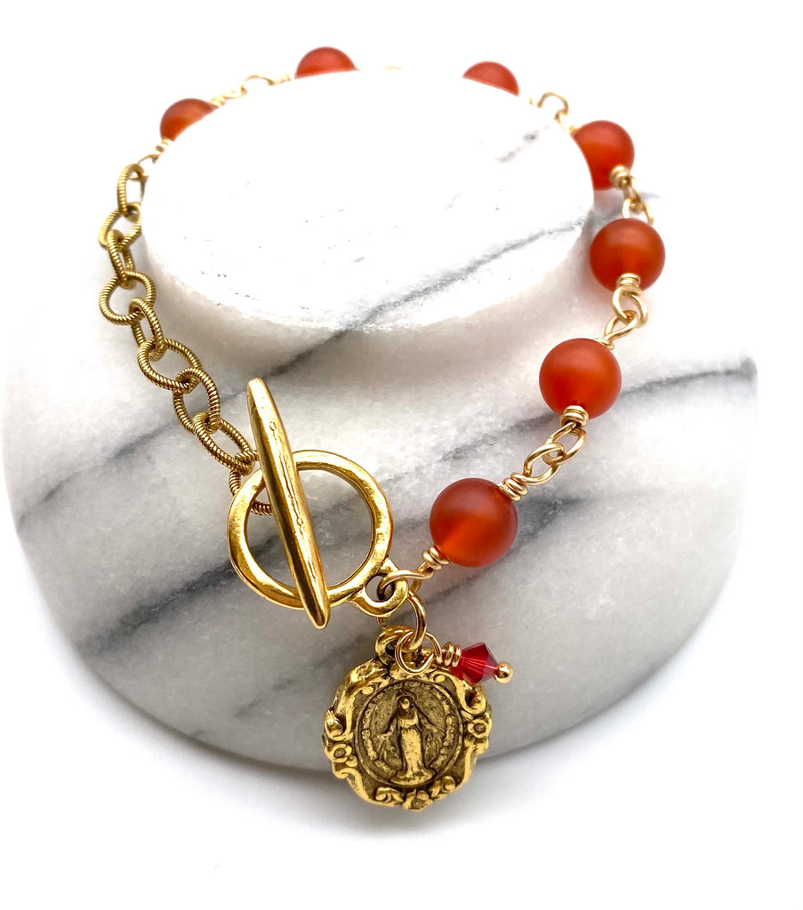 Gold Carnelian Matte Gemstone Wire Wrapped Catholic Heirloom Miraculous Medal Devotional Bracelet