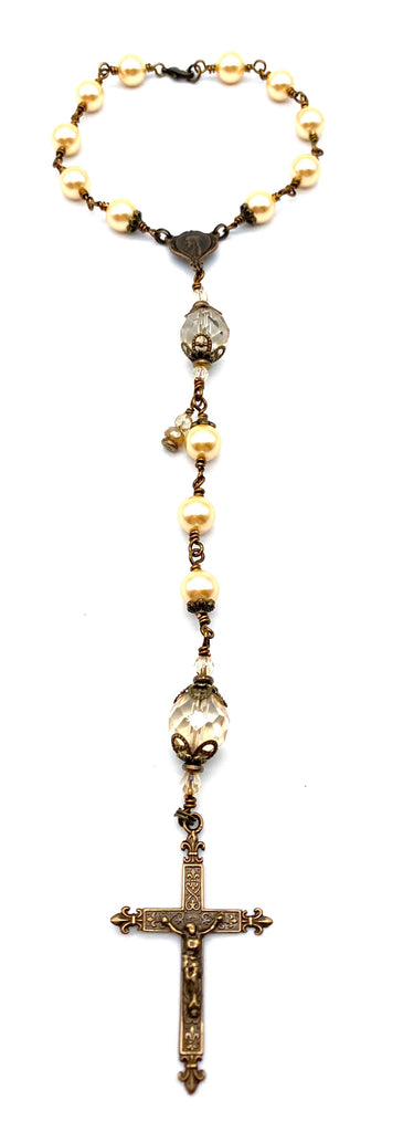 Champagne Shell Pearl Wire Wrapped Catholic Heirloom Travel Rosary