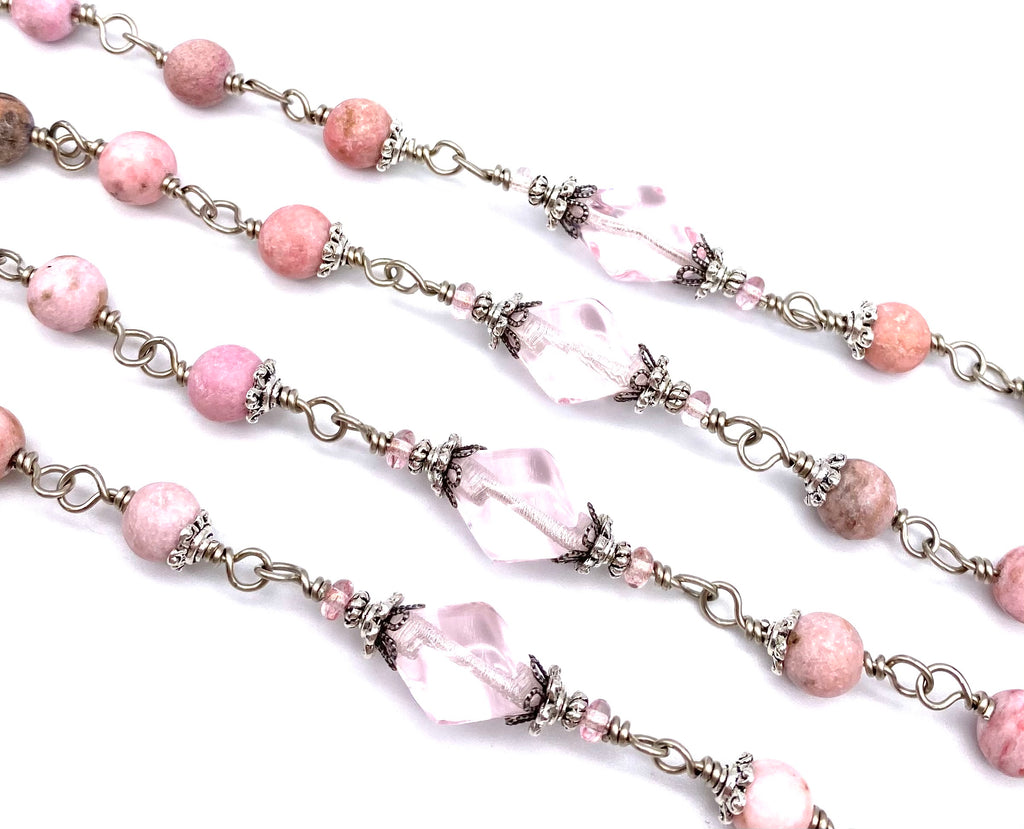 Silver Cherry Blossom Jade Matte Gemstone Wire Wrapped Catholic Heirloom Rosary Large