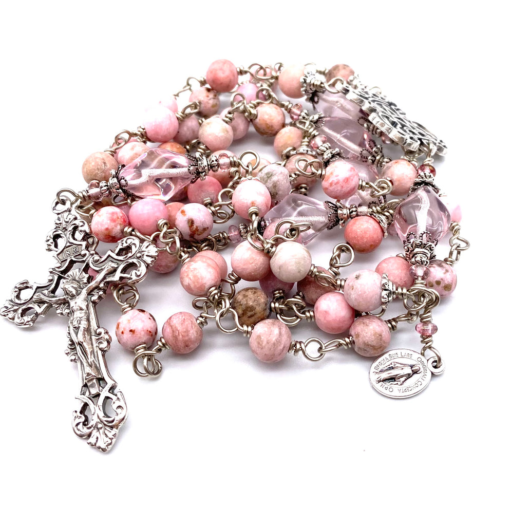 Silver Cherry Blossom Jade Matte Gemstone Wire Wrapped Catholic Heirloom Rosary Large