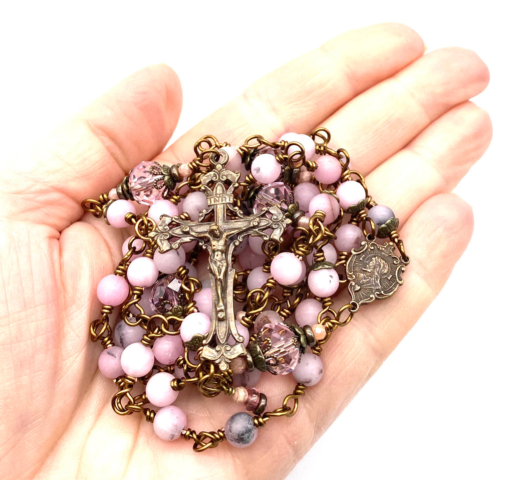 Cherry Blossom Jade Matte Gemstone Wire Wrapped Catholic Heirloom Rosary Medium