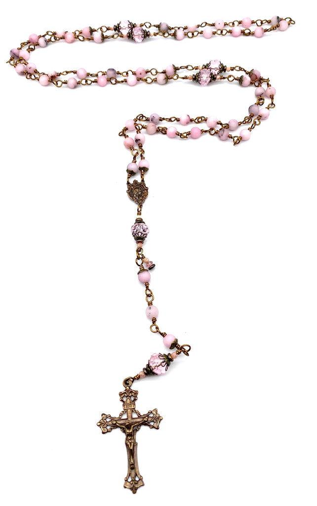 Cherry Blossom Jade Matte Gemstone Wire Wrapped Catholic Heirloom Rosary Medium