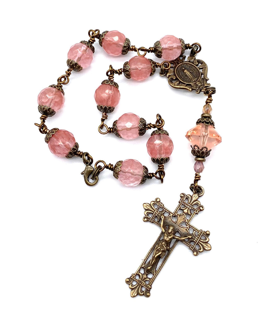 handcrafted vintage inspired cherry quartz wire wrapped big bead catholic heirloom travel rosary