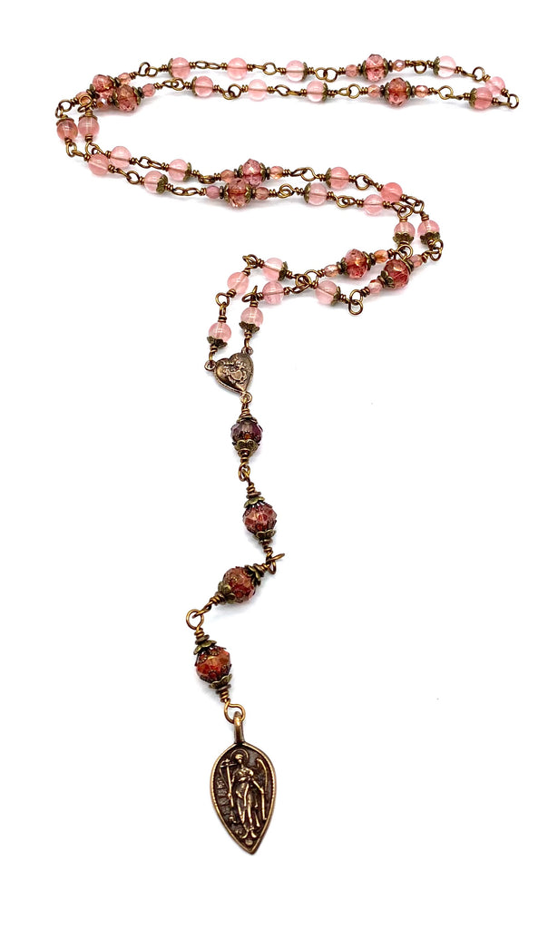 Cherry Quartz Gemstone Wire Wrapped Catholic Heirloom Chaplet of Saint Michael Medium