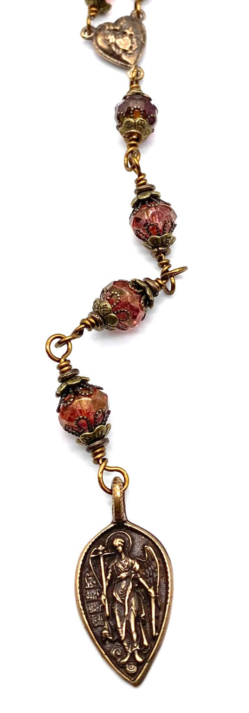 Cherry Quartz Gemstone Wire Wrapped Catholic Heirloom Chaplet of Saint Michael Medium