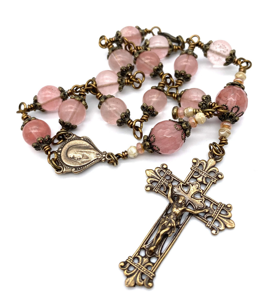 Cherry Quartz Gemstone Catholic Heirloom Travel Rosary