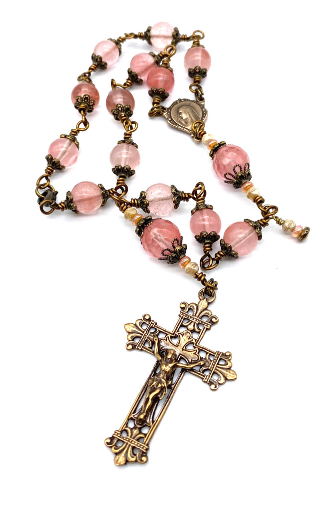 Cherry Quartz Gemstone Catholic Heirloom Travel Rosary