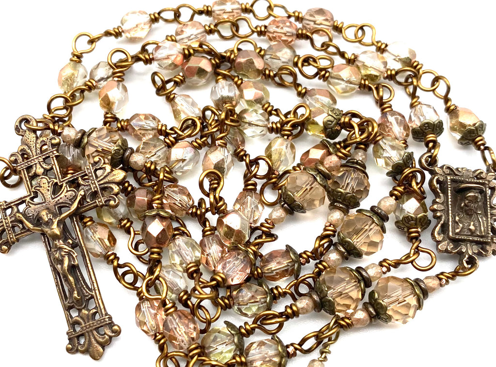 Copper Rose Czech Glass Wire Wrapped Catholic Heirloom Rosary Medium