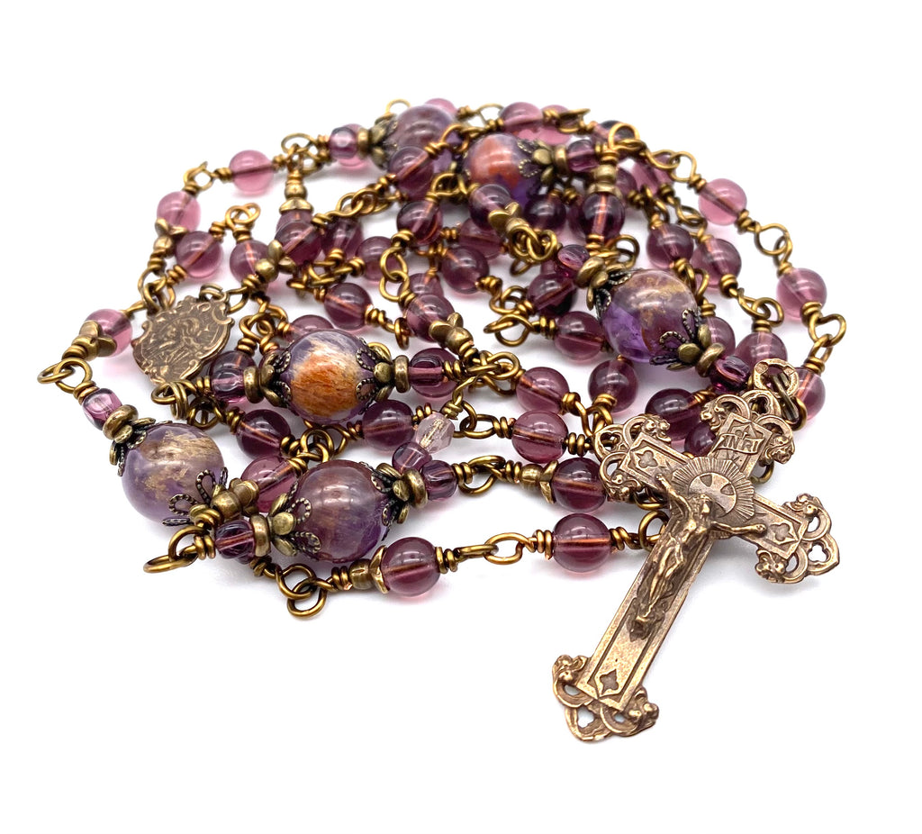 handcrafted vintage inspired dark amethyst czech glass wire wrapped catholic heirloom rosary medium