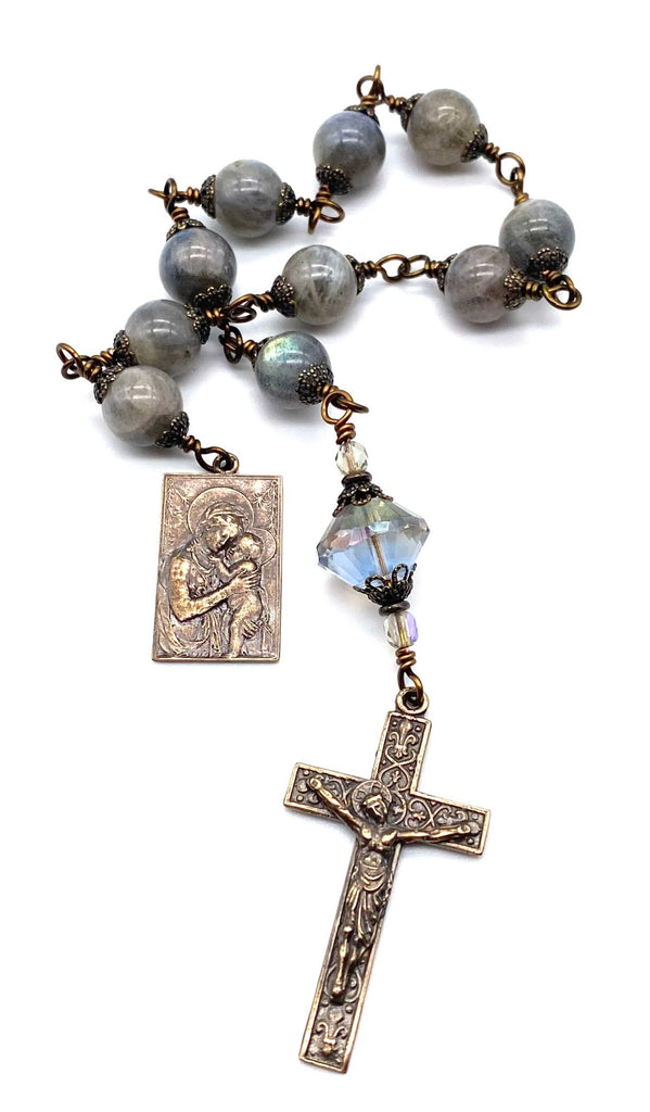 Dark Grey Labradorite Gemstone Wire Wrapped BIG BEAD Catholic Heirloom Tenner Rosary