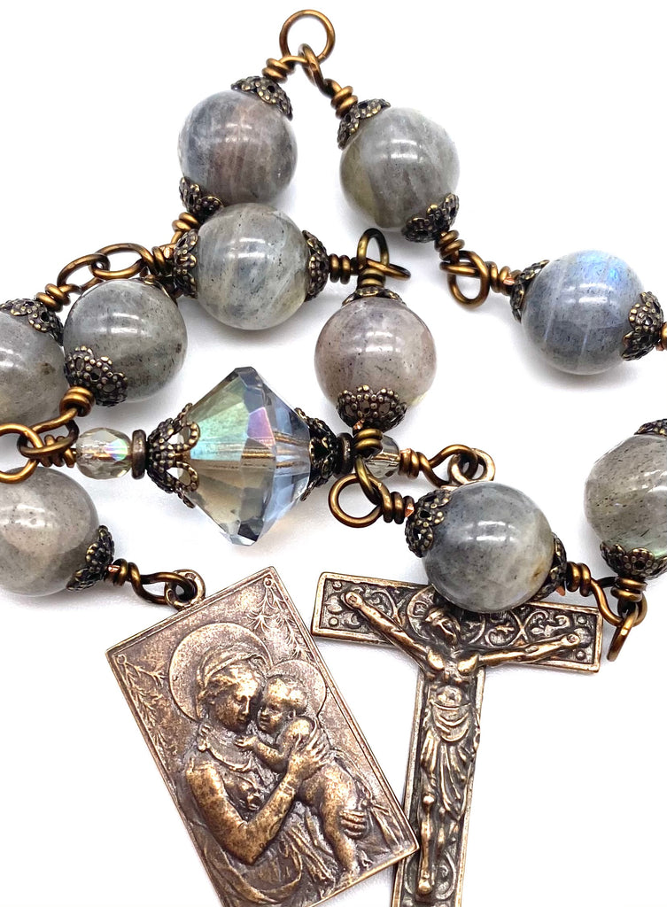 Dark Grey Labradorite Gemstone Wire Wrapped BIG BEAD Catholic Heirloom Tenner Rosary