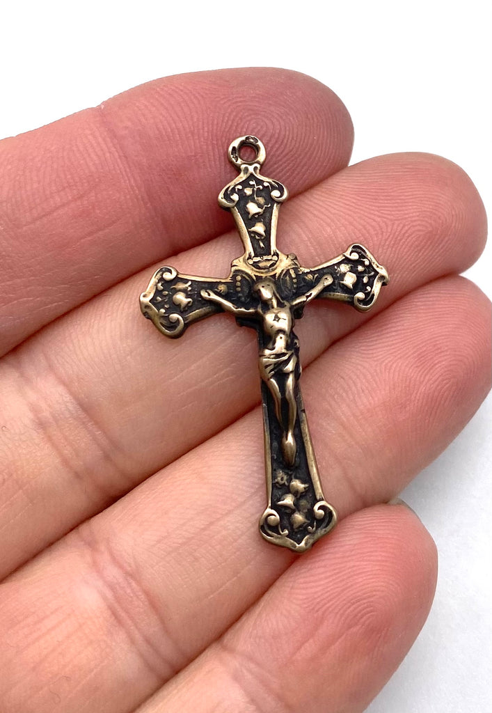 Solid Bronze DELICATE FLORAL POINTS Rosary Crucifix, Catholic Pendant, Antique/Vintage Reproduction #PG3111