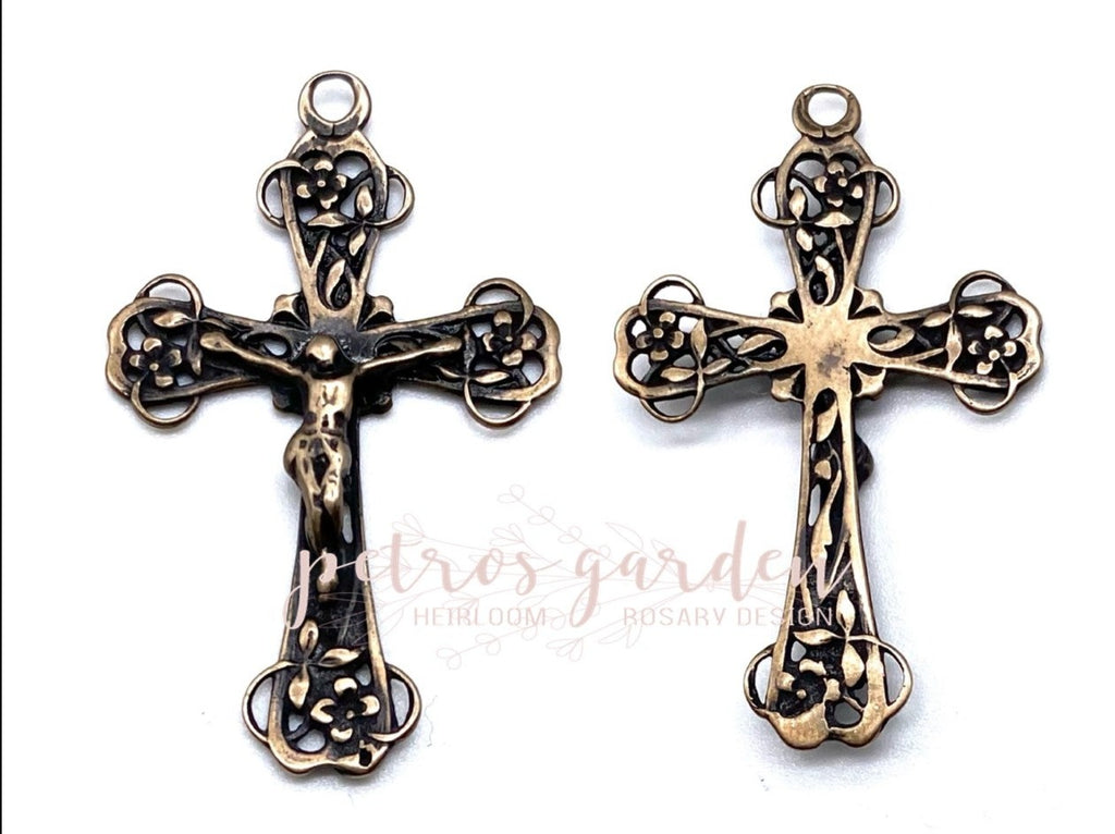 Solid Bronze DELICATE FLOWERS Catholic Crucifix/Pendant, Antique/Vintage Reproduction #PG3103