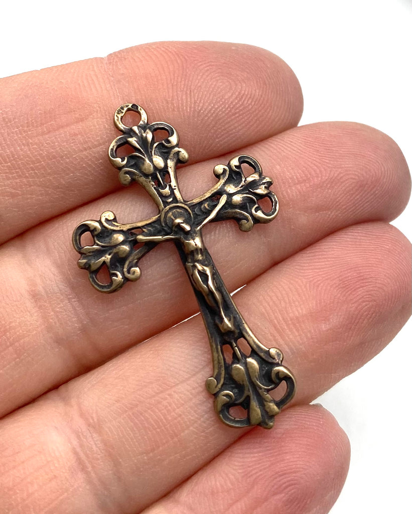 Solid Bronze DELICATE FRENCH BAROQUE Rosary Crucifix, Catholic Pendant, Antique/Vintage Reproduction #PG3116