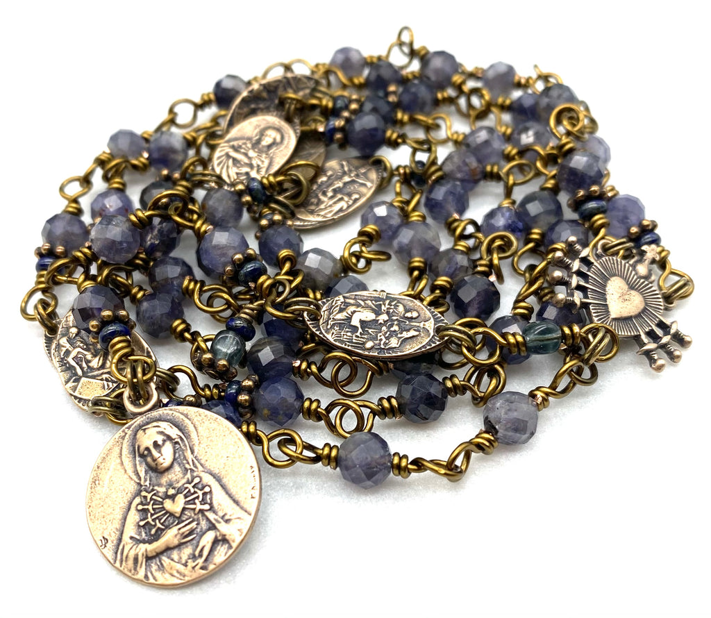 Seven Sorrows Rosary, Denim Iolite Gemstone Heirloom Catholic Servite Delores Rosary Wire Wrapped Solid Bronze MEDIUM