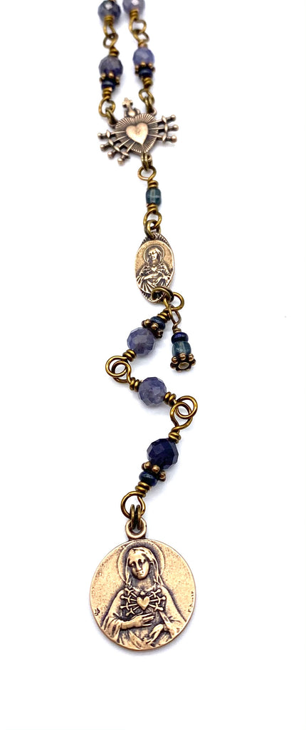 Denim Iolite Gemstone Wire Wrapped Catholic Heirloom Rosary of the Seven Sorrows Medium
