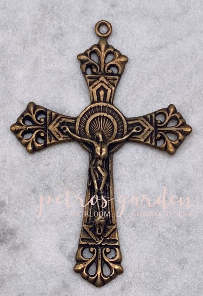 Solid Bronze DOUBLE NIMBUS Rosary Crucifix, Catholic Pendant, Antique/Vintage Reproduction #PG4112
