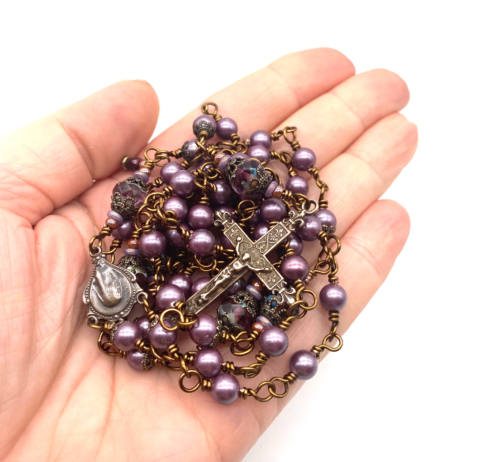 Eggplant Shell Pearl Wire Wrapped Catholic Heirloom Rosary Medium