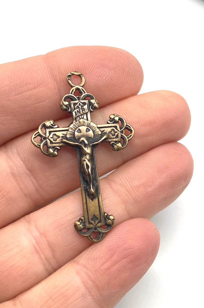Solid Bronze ELEGANT SCROLLS Rosary Crucifix, Catholic Pendant, Antique/Vintage Reproduction #PG3105
