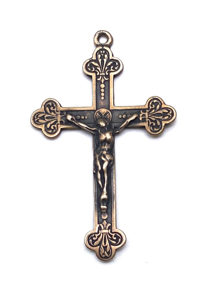 Solid Bronze FANCY FLORAL Rosary Crucifix, Catholid Pendant, Antique/Vintage Reproduction #PG4105