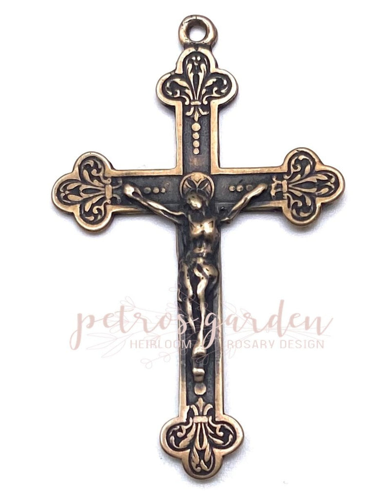 Solid Bronze FANCY FLORAL Rosary Crucifix, Catholid Pendant, Antique/Vintage Reproduction #PG4105