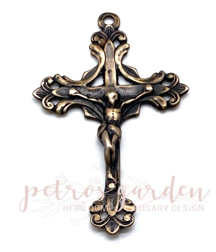 Solid Bronze FLEUR DE LIS Open-work Catholic Crucifix, Antique/Vintage Reproduction #PG3101