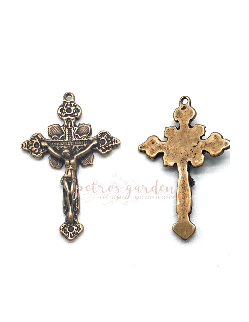 Solid Bronze FLORAL WITH PETALS Rosary Crucifix, Catholic Pendant, Antique/Vintage Reproduction #PG3108