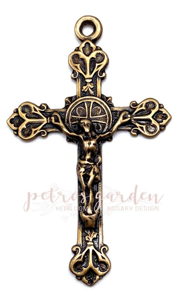 Solid Bronze FRENCH BUDDED HEARTS Rosary Crucifix, Catholic Pendant, Antique/Vintage Reproduction #PG4102