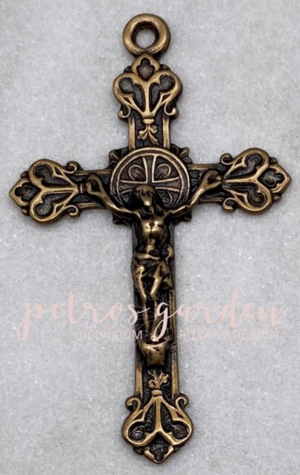 Solid Bronze FRENCH BUDDED HEARTS Rosary Crucifix, Catholic Pendant, Antique/Vintage Reproduction #PG4102