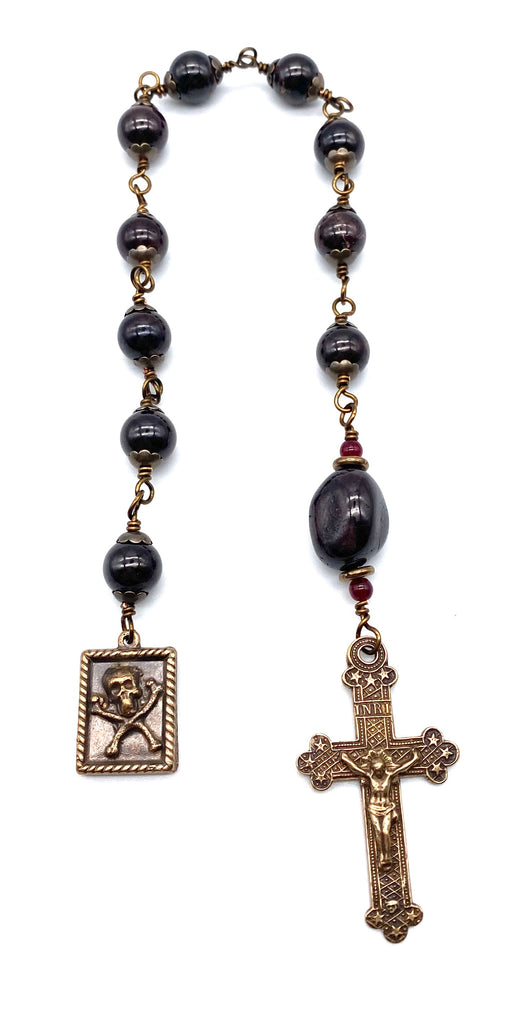 Garnet Gemstone BIG BEAD Wire Wrapped Catholic Heirloom "Memento Mori" Tenner Rosary