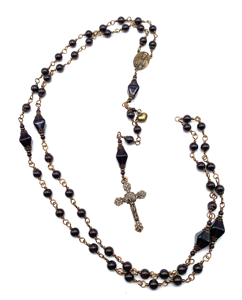 Garnet Gemstone Wire Wrapped Catholic Heirloom Rosary Large