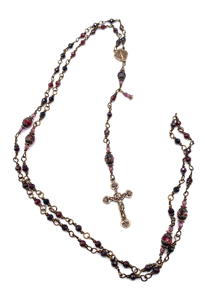 Garnet Gemstone Wire Wrapped Catholic Heirloom Rosary Petite