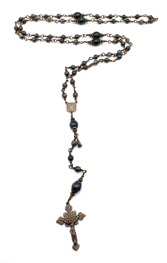 Green Nipomo Agate Gemstone Wire Wrapped Catholic Heirloom Rosary Medium