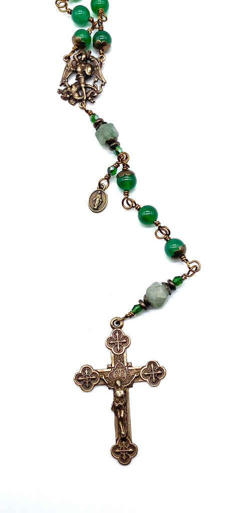 Green Onyx Gemstone Wire Wrapped Catholic Heirloom Rosary Large