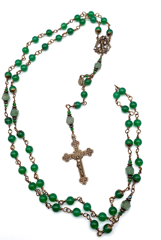 Green Onyx Gemstone Wire Wrapped Catholic Heirloom Rosary Large