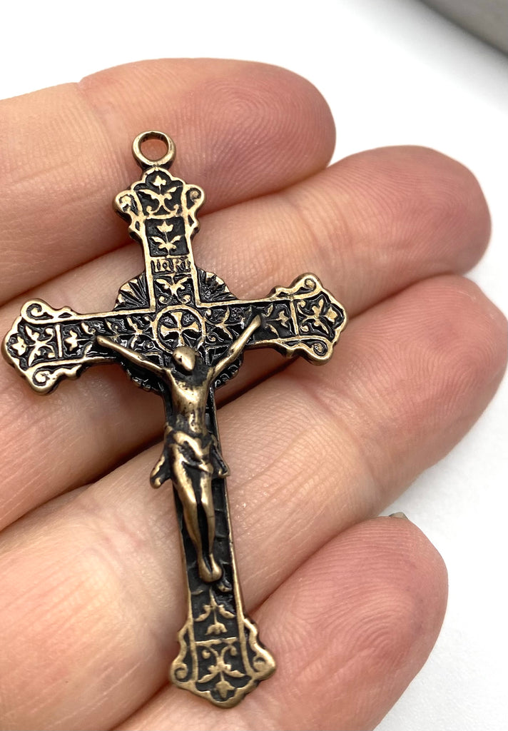 Solid Bronze HEART OF JESUS Rosary Crucifix, Catholic Pendant, Antique/Vintage #PG4101