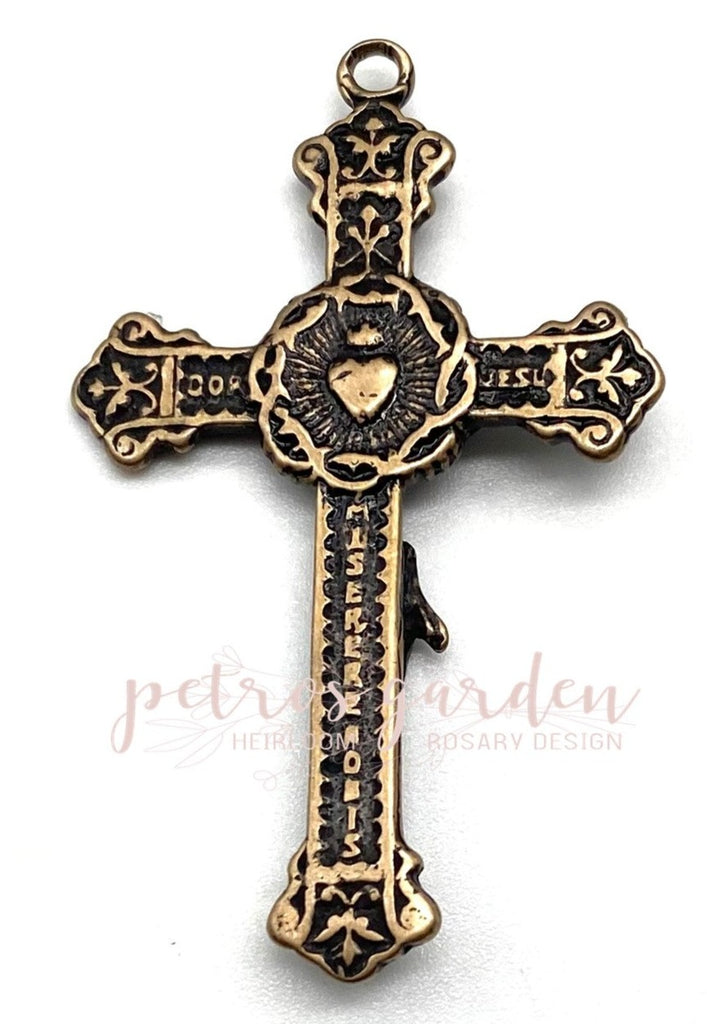Solid Bronze HEART OF JESUS Rosary Crucifix, Catholic Pendant, Antique/Vintage #PG4101