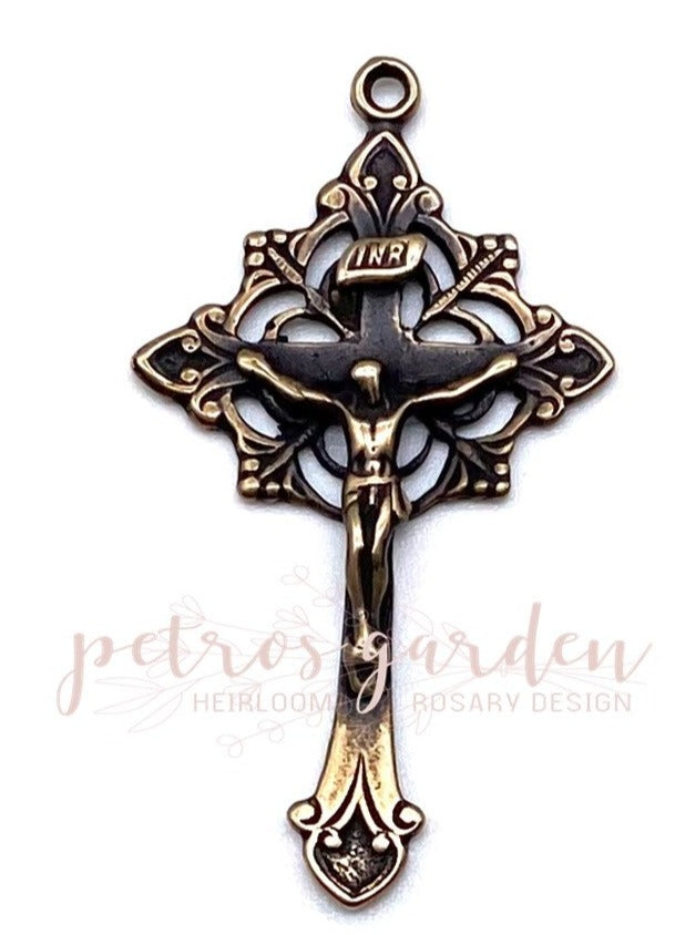 Solid Broze INTRICATE FLORAL Open-work Rosary Crucifix, Catholic Pendant, Antique/Vintage Reproduction #PG3109