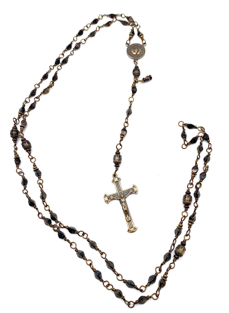 Jet Bronze Czech Glass Wire Wrapped Catholic Heirloom Rosary Petite