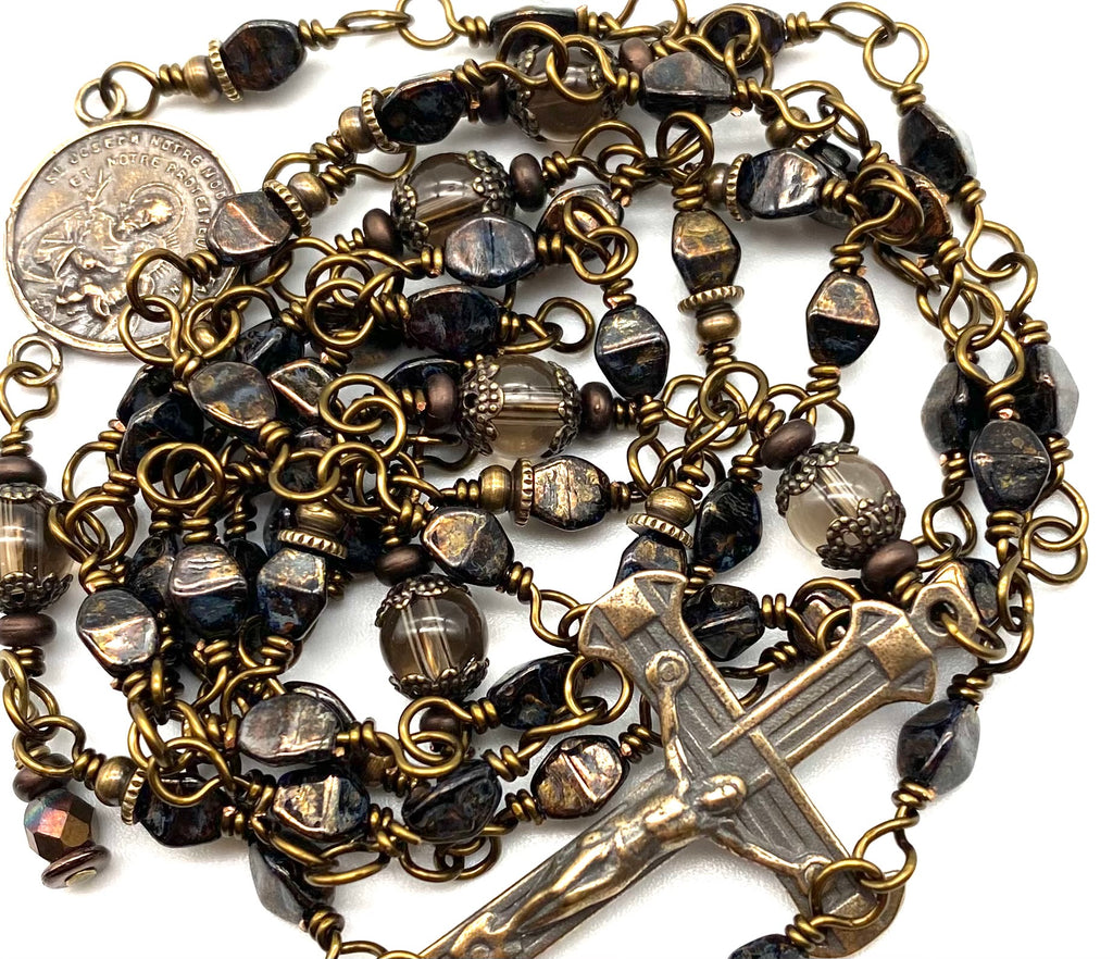 Jet Bronze Czech Glass Wire Wrapped Catholic Heirloom Rosary Petite
