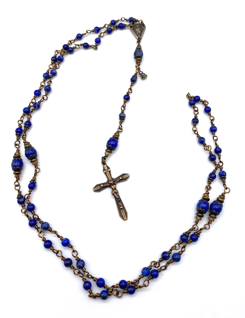 handcrafted vintage inspired lapis gemstone wire wrapped catholic heirloom rosary petite