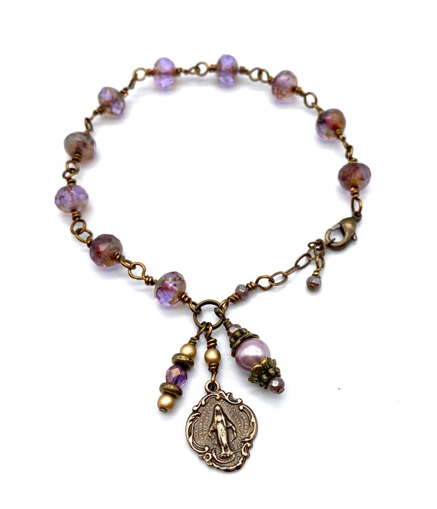 handcrafted vintage inspired lavender czech glass wire wrapped catholic heirloom miraculous medal devotional bracelet