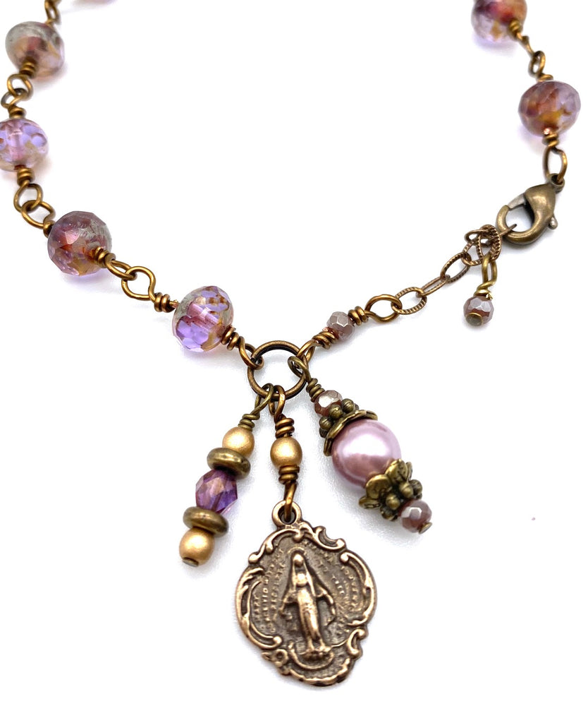 handcrafted vintage inspired lavender czech glass wire wrapped catholic heirloom miraculous medal devotinal bracelet