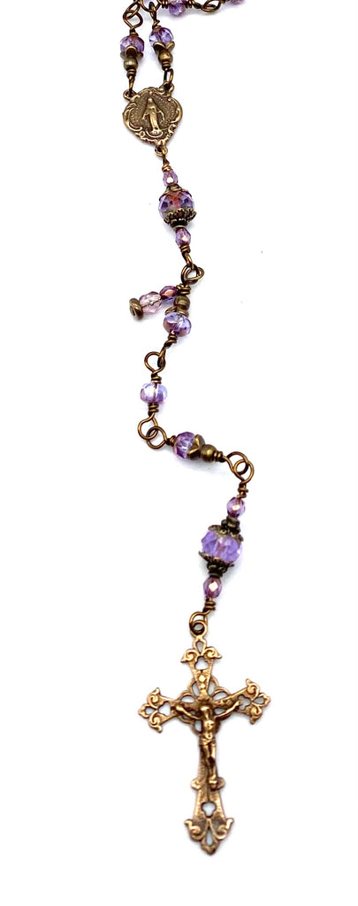 Lavender Czech Glass Wire Wrapped Catholic Heirloom Rosary Petite